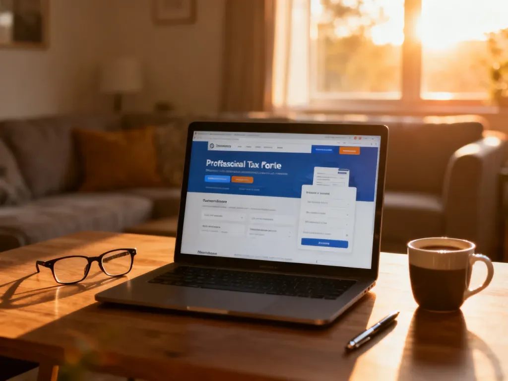 Nowoczesne biurko z laptopem wyświetlającym portal podatkowy, sprzyjające wygodnemu sprawdzaniu statusu zwrotu podatku.