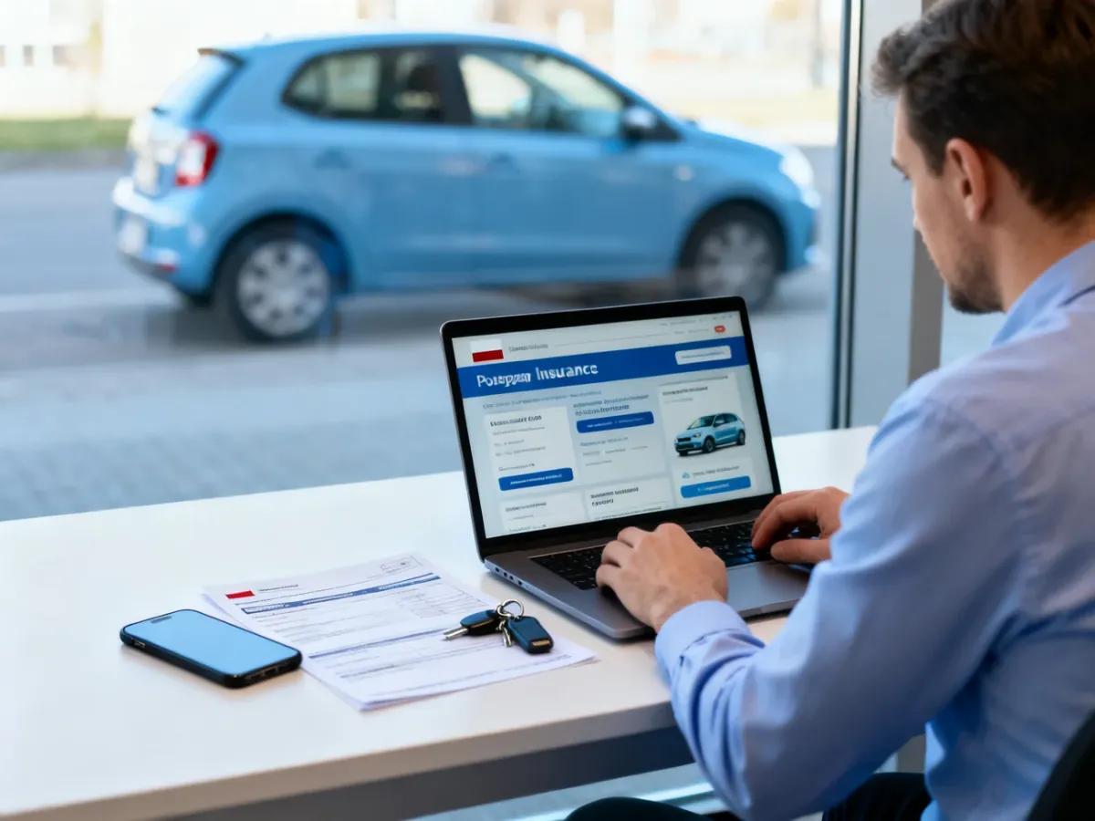 Kierowca porównujący oferty ubezpieczenia samochodu na laptopie
