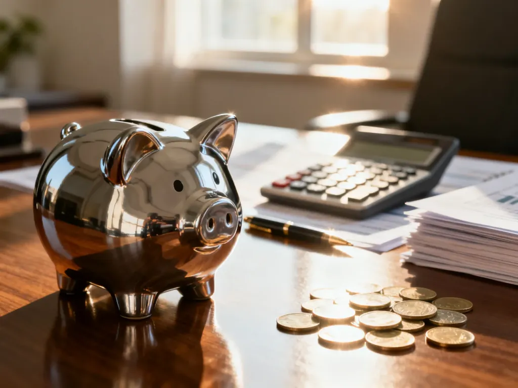 Metalowa skarbonka na biurku w otoczeniu dokumentów finansowych, symbolizująca oszczędzanie i zarządzanie budżetem.