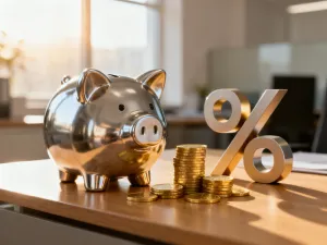 Eleganckie biurko z kalkulatorem i dokumentami finansowymi, symbolizujące analizę opłacalności spłaty kredytu.