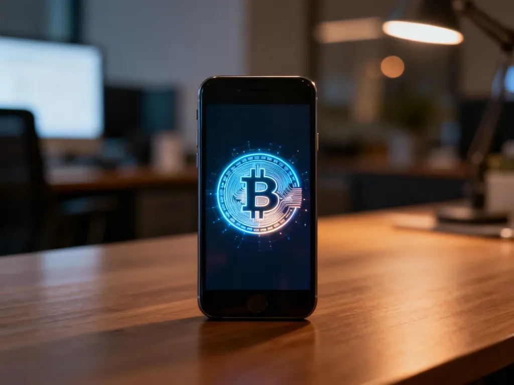Nowoczesny smartfon z ikoną kryptowaluty na ekranie, leżący na drewnianym biurku w przytulnym biurze.