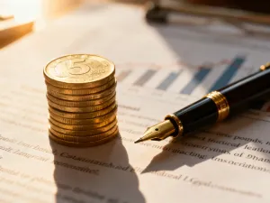 Skórzany portfel z obligacjami skarbowymi i akcesoriami do analizy finansowej na drewnianym biurku.