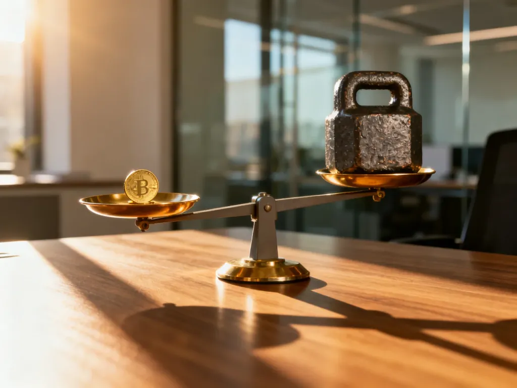 Waga szalkowa z monetą i ciężarkiem symbolizująca mechanizm dźwigni finansowej w profesjonalnym biurowym otoczeniu.