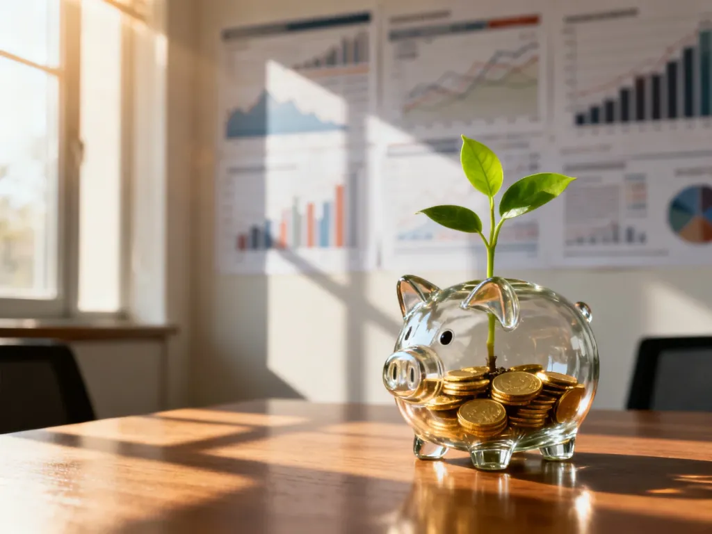 Szklana skarbonka z monetami i kiełkującą rośliną na tle wykresów finansowych, symbolizująca wzrost inwestycji.