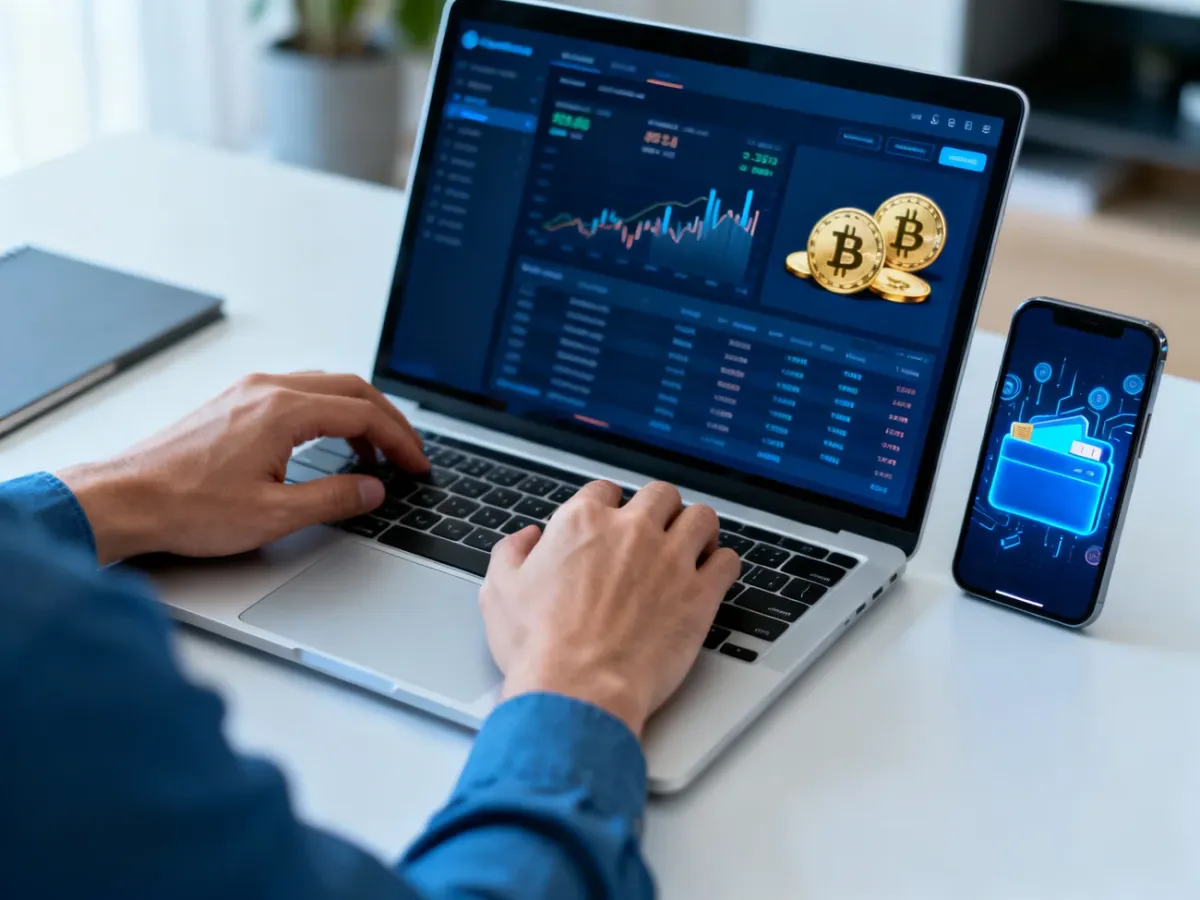 Osoba analizująca transakcje kryptowalutowe na laptopie i smartfonie