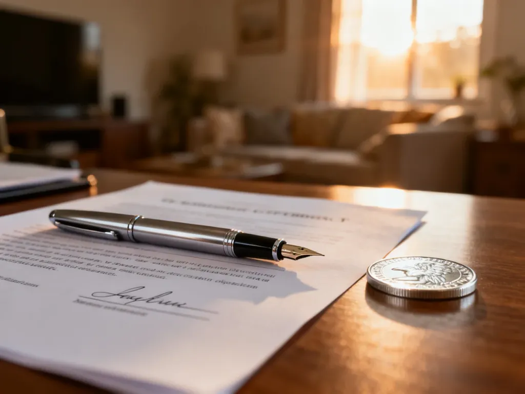 Podpisana umowa kredytowa z piórem i monetą na biurku, symbolizująca bezpieczeństwo finansowe i odpowiedzialne decyzje.