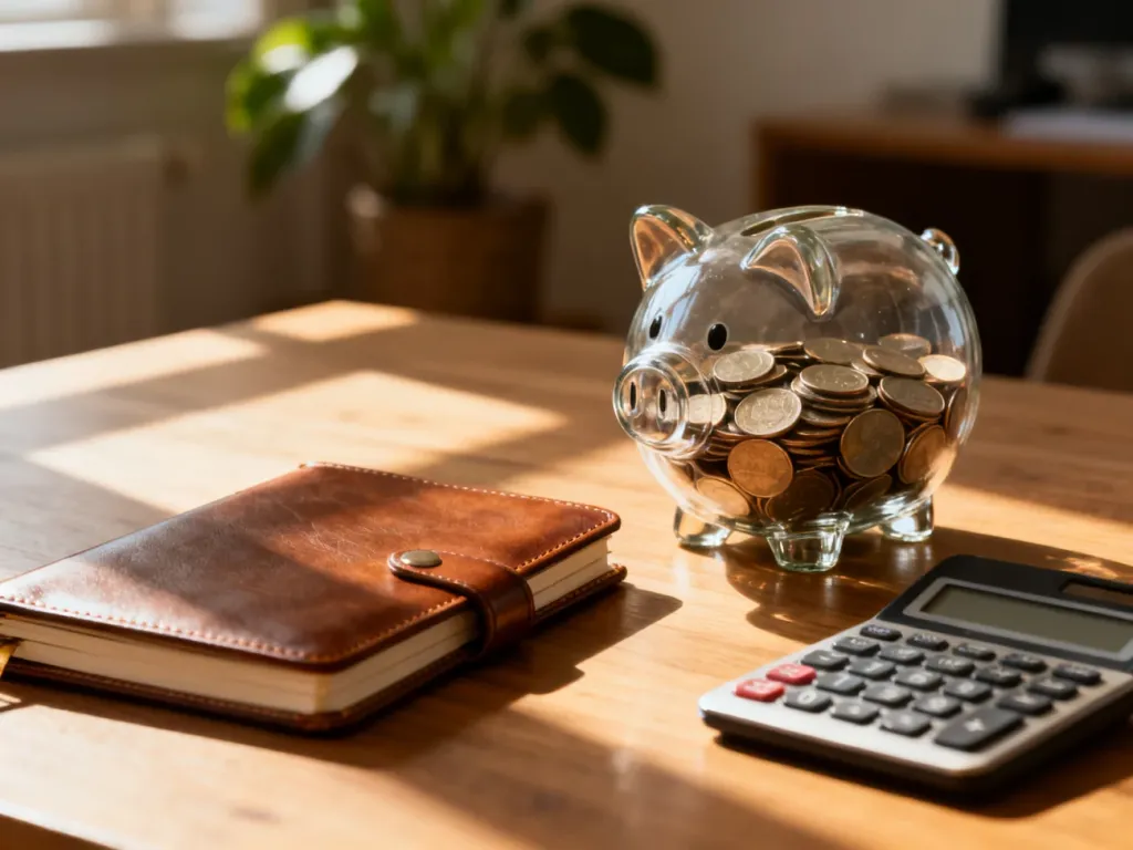 Drewniane biurko z kalkulatorem, planerem i szklaną skarbonką pełną monet, symbolizujące planowanie domowego budżetu.
