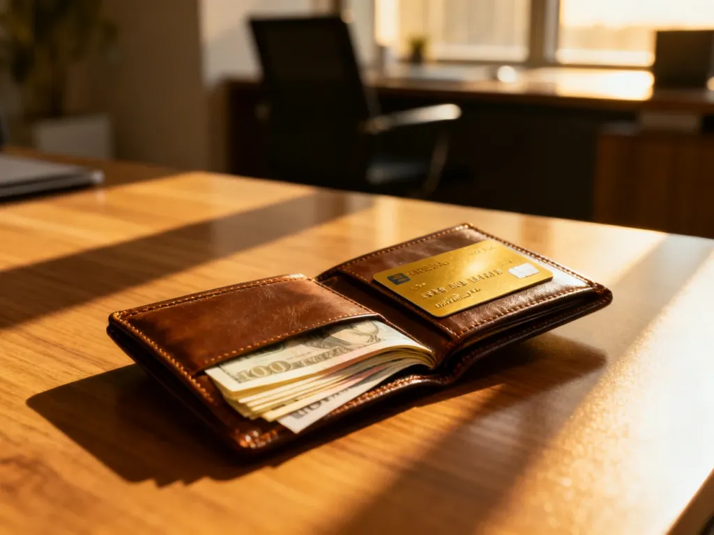 Skórzany portfel z banknotami i złotą kartą kredytową na drewnianym biurku, symbolizujący dbałość o finanse osobiste.