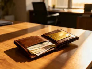 Metalowa tarcza, podpisana polisa i figurka domu na biurku symbolizują ochronę finansową w życiu prywatnym.