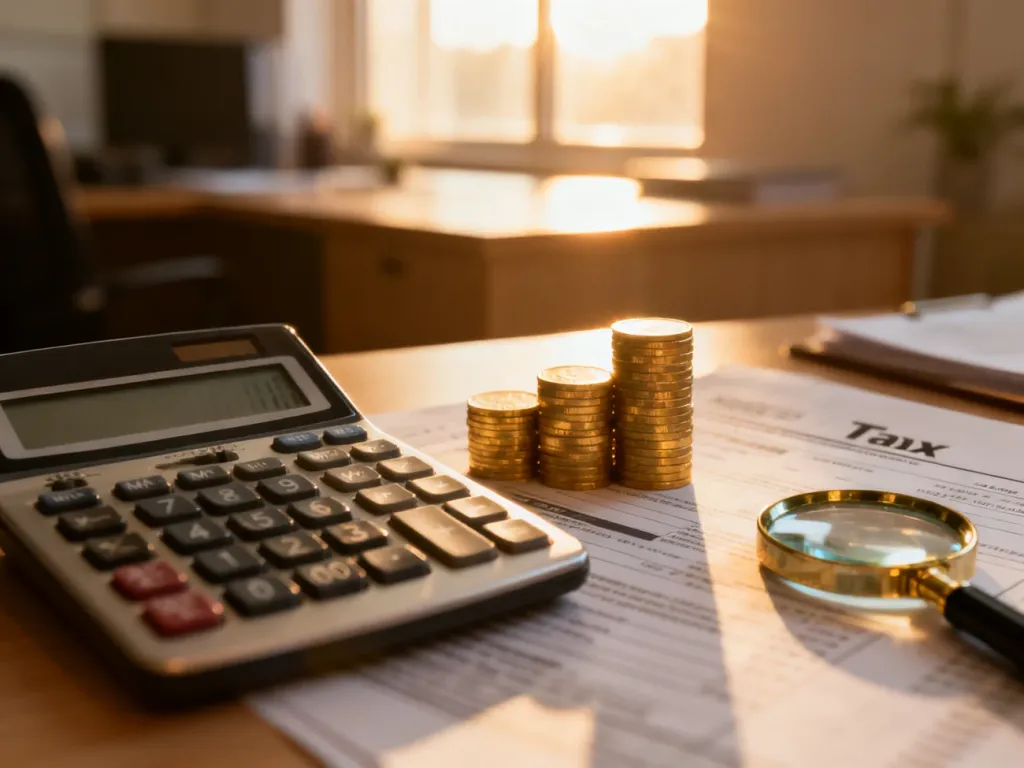 Kalkulator, monety i lupa na dokumentach podatkowych, symbolizujące planowanie finansowe i ulgę rehabilitacyjną.