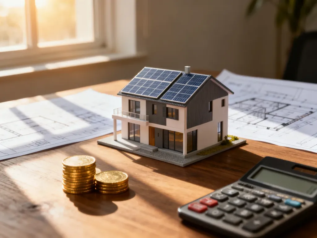 Model energooszczędnego domu z kalkulatorem i monetami, symbolizujący korzyści finansowe z ulgi termomodernizacyjnej.