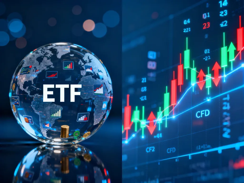 Wizualizacja porównująca ETF jako zdywersyfikowany portfel aktywów oraz CFD jako dynamiczny wykres zmienności rynkowej.