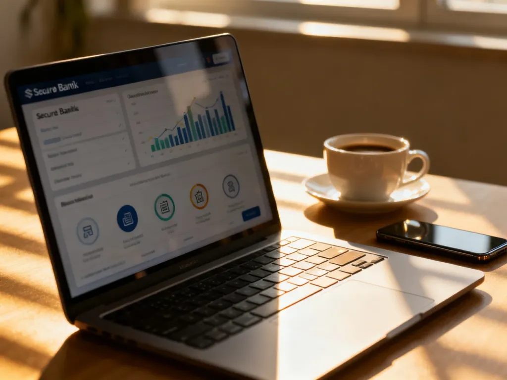 Ekran laptopa z panelem bankowości internetowej w nowoczesnym domowym biurze, ilustrujący proces zakładania konta online.