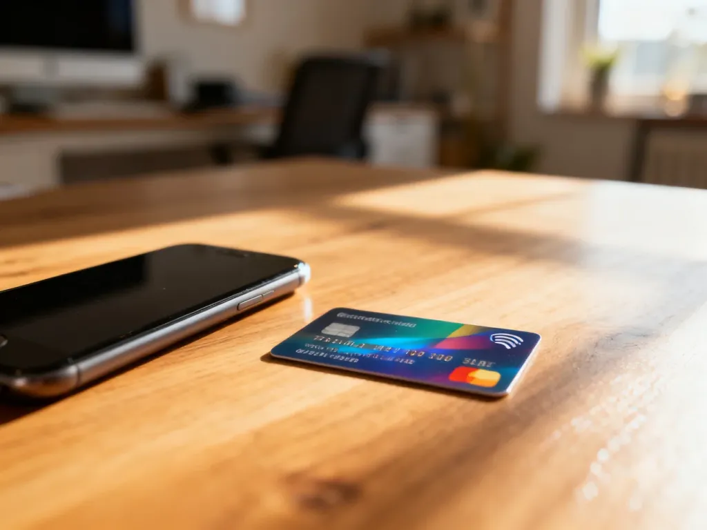 Karta płatnicza i smartfon na biurku, symbolizujące nowoczesne płatności elektroniczne oraz proces zwrotu środków.
