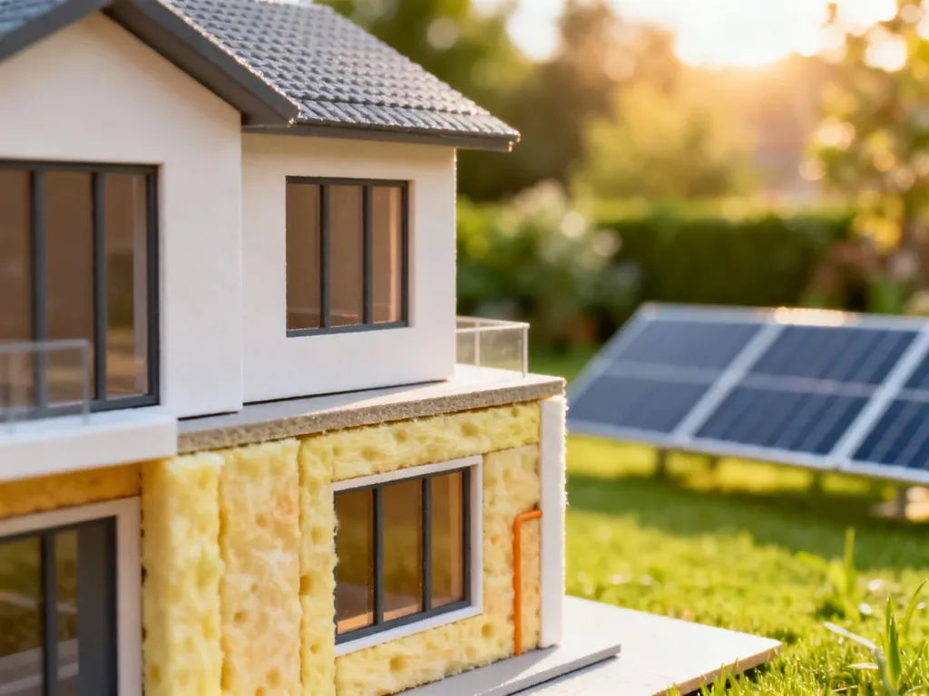 Model domu z widocznymi warstwami izolacji termicznej oraz panelami słonecznymi w tle, symbolizujący efektywność energetyczną.