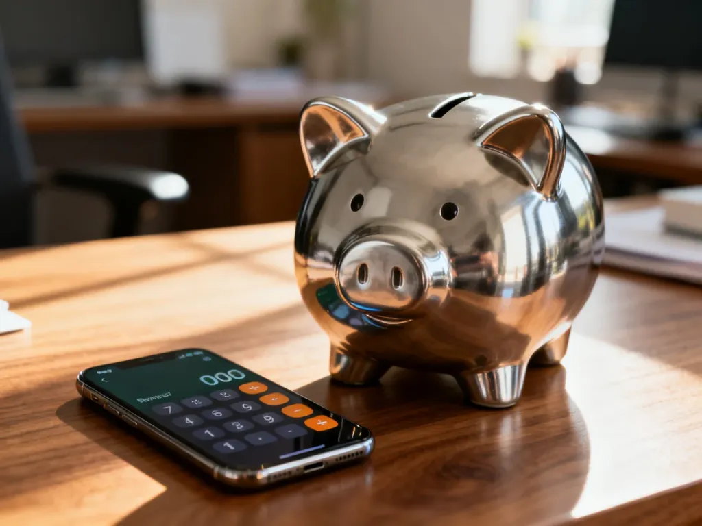 Metalowa skarbonka i smartfon z aplikacją finansową na biurku, symbolizujące planowanie oszczędności i obliczanie zysków.