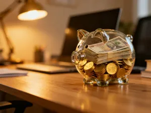 Nowoczesne biurko z kalkulatorem finansowym w smartfonie i notatnikiem, symbolizujące planowanie domowego budżetu.