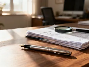 Stos dokumentów ubezpieczeniowych oraz pióro na biurku, symbolizujące formalne zawarcie umowy ubezpieczenia.