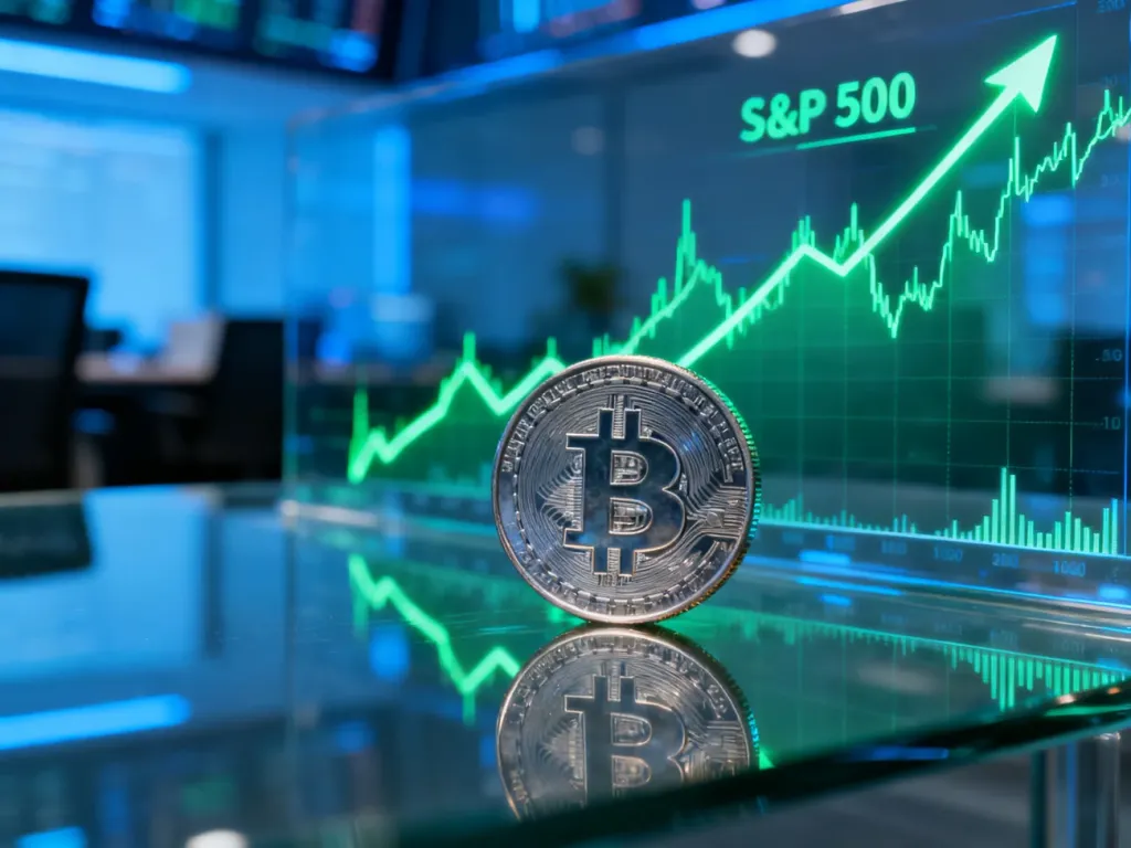 Nowoczesny wykres giełdowy z rosnącymi słupkami i metalowa moneta, symbolizujące inwestowanie w indeks S&P 500.