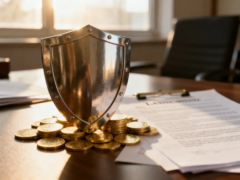 Metalowa tarcza chroniąca monety i dokumenty prawne, symbolizująca bezpieczeństwo finansowe oraz proces regresu ubezpieczeniowego.
