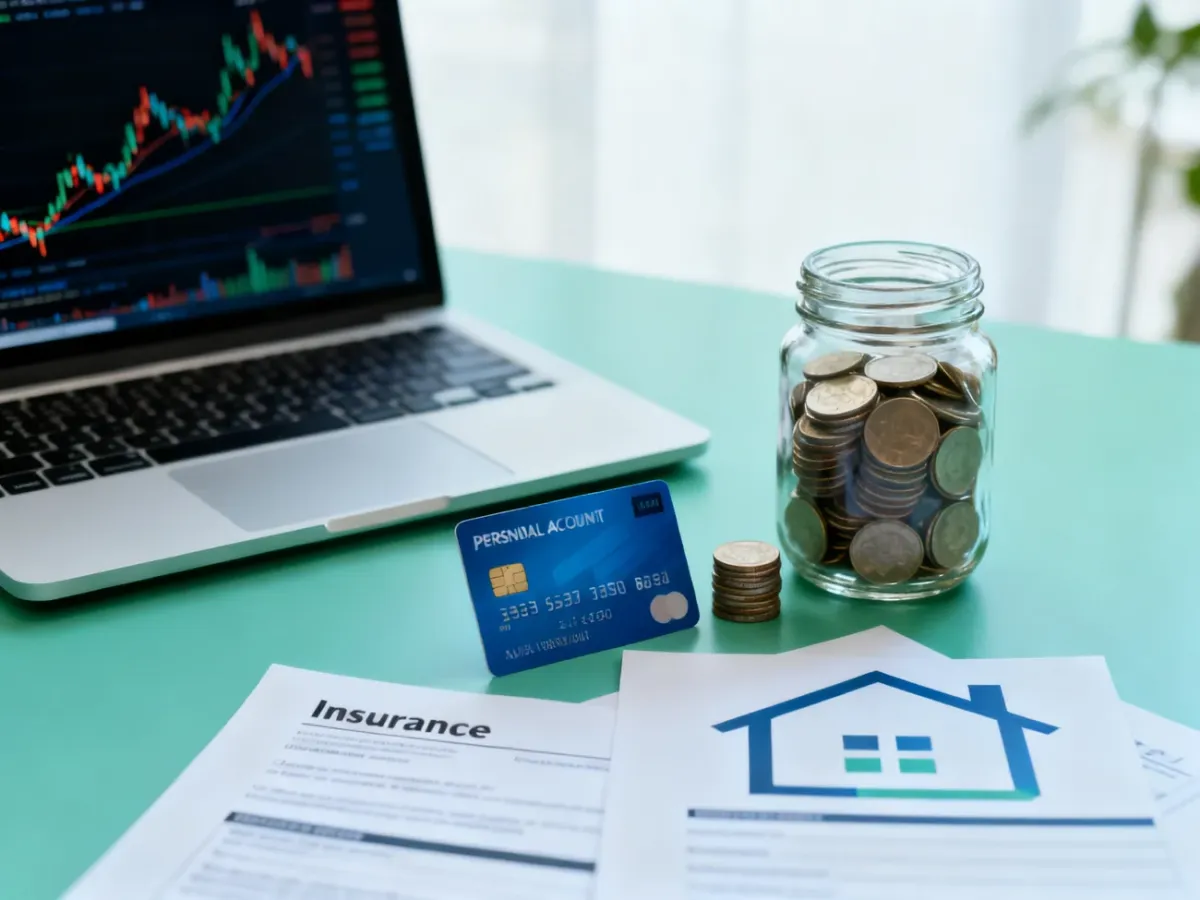 Różne produkty finansowe przedstawione jako konto, oszczędności, inwestycje i ubezpieczenie