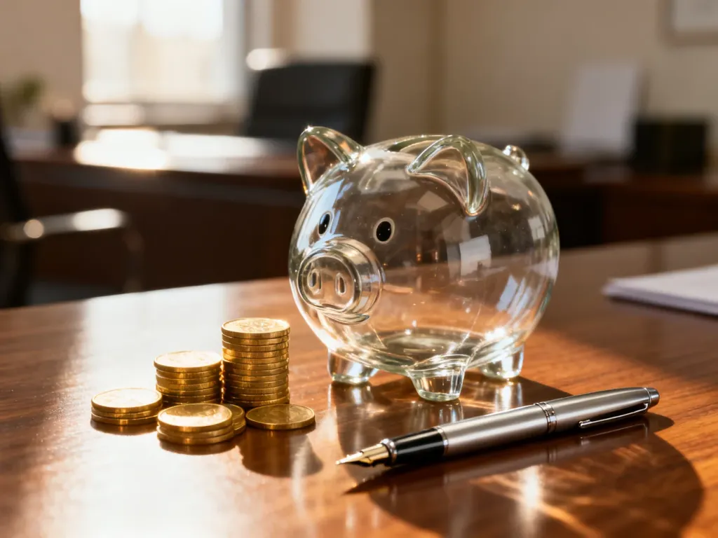 Szklana skarbonka, monety i pióro na biurku, symbolizujące oszczędzanie i planowanie finansowe.