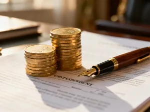 Model drewnianego domu na biurku z wykresami finansowymi w tle, symbolizujący porównywanie ofert ubezpieczeń mieszkania.