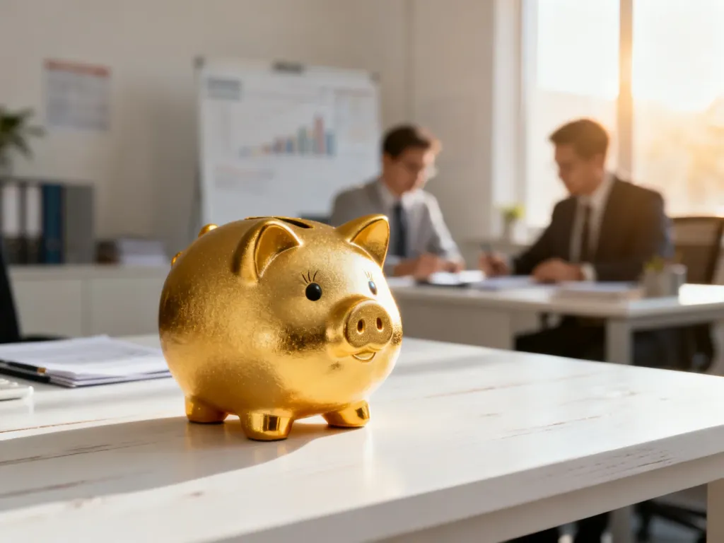 Złota skarbonka na biurku w jasnym biurze, symbolizująca oszczędzanie i planowanie finansowe.