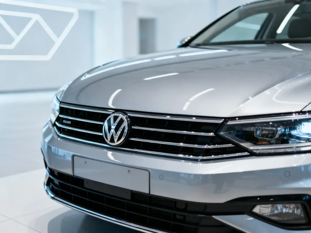 Srebrny samochód marki Volkswagen zaparkowany w nowoczesnym, minimalistycznym salonie.