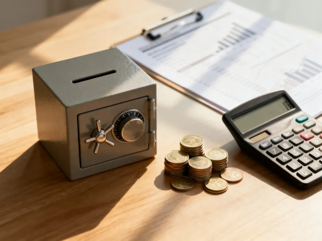 Skarbonka, monety i kalkulator na biurku, symbolizujące planowanie finansów i oszczędzanie na szybszą spłatę kredytu.