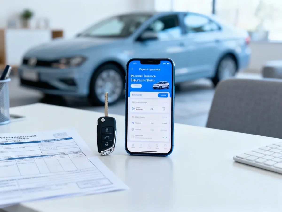 Smartphone used to check a vehicle’s insurance status beside car documents and keys