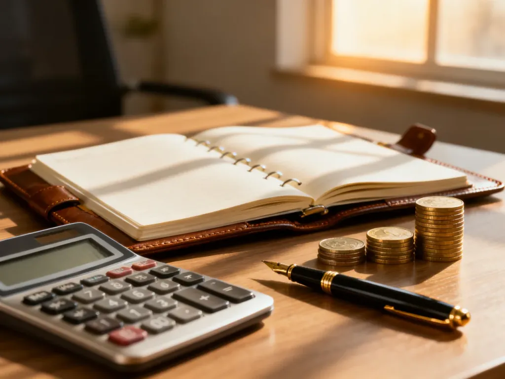 Otwarty notatnik z kalkulatorem i monetami na biurku, symbolizujący planowanie finansów i obliczanie podatków.