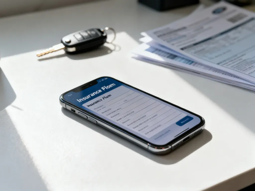 Nowoczesny smartfon z otwartym formularzem zgłoszenia szkody komunikacyjnej na biurku obok kluczyków i dokumentów auta.